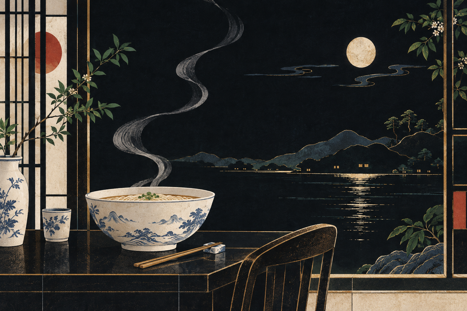 Illustrative porcelain tile and print artwork of a midnight noodle-house bowl with curling steam